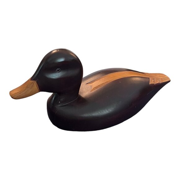 Vtg Carved Wooden Hunting Duck Decoy 14" Long Glass Eye Brown Made in Canada - Picture 3 of 9